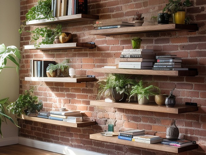 Mur en briques avec plusieurs étagères flottantes sur lesquelles des livres, des plantes et des vases sont soigneusement disposés.
